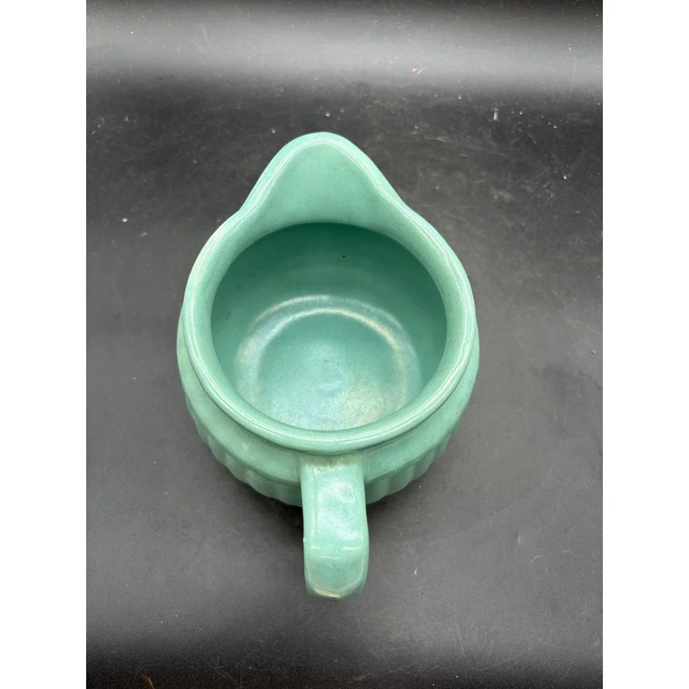 Vintage Seafoam Green Ribbed Ceramic Creamer Pitcher Fluted Pottery